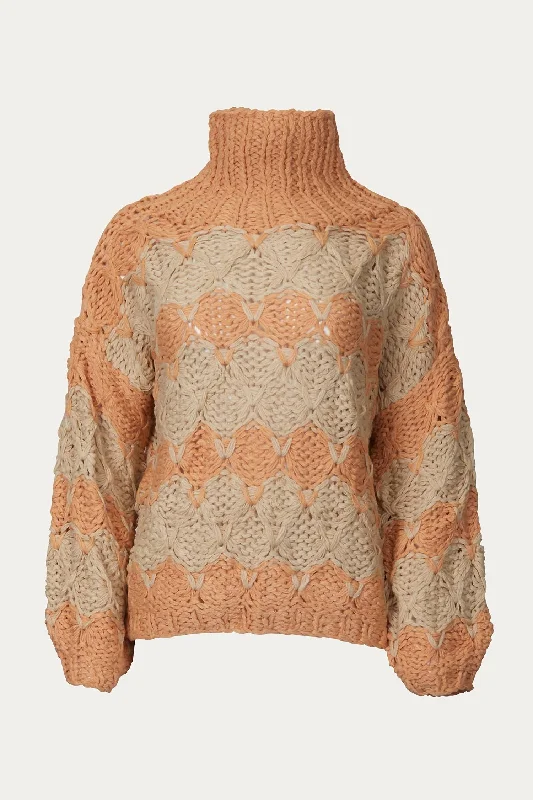 Women's Clothing For Holiday Travel Open-Knit Chunky Turtleneck Sweater In Beige Papaya Stripe