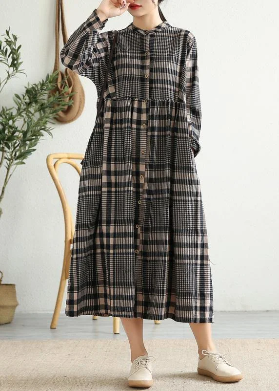 Charming Women's Clothes For Special Events Loose stand collar Cinched linen Tunics Shape black plaid Dresses