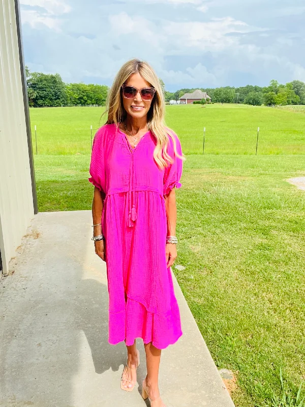 Stylish Women's Garments For Holidays PINK IS FOR ROSES MIDI DRESS--FLASH SALE