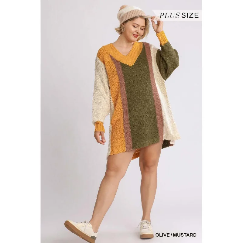 Women's Contemporary Apparel Oversized Multicolor Bouclé V-neck Pullover Sweater Dress With Side Slit