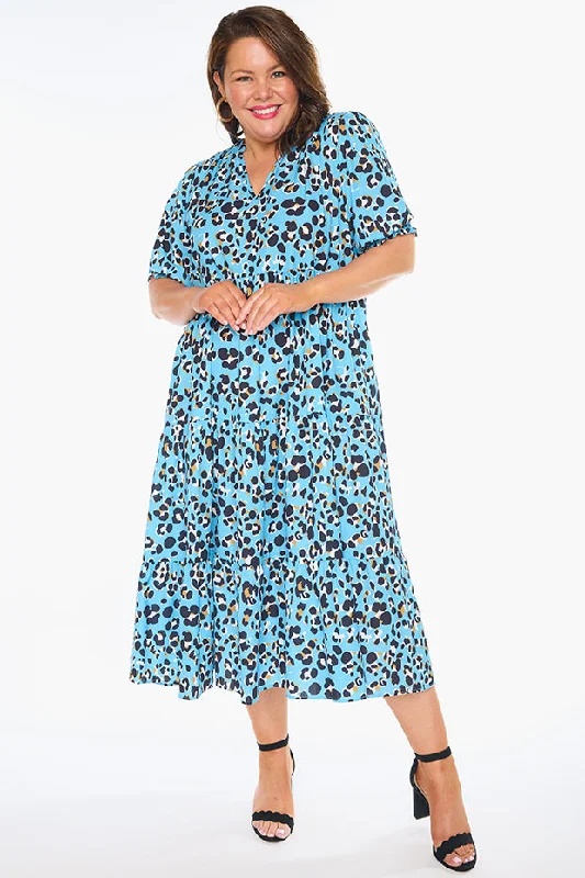 Women's Chic Outerwear Attire Sylvia Blue Leopard Dress