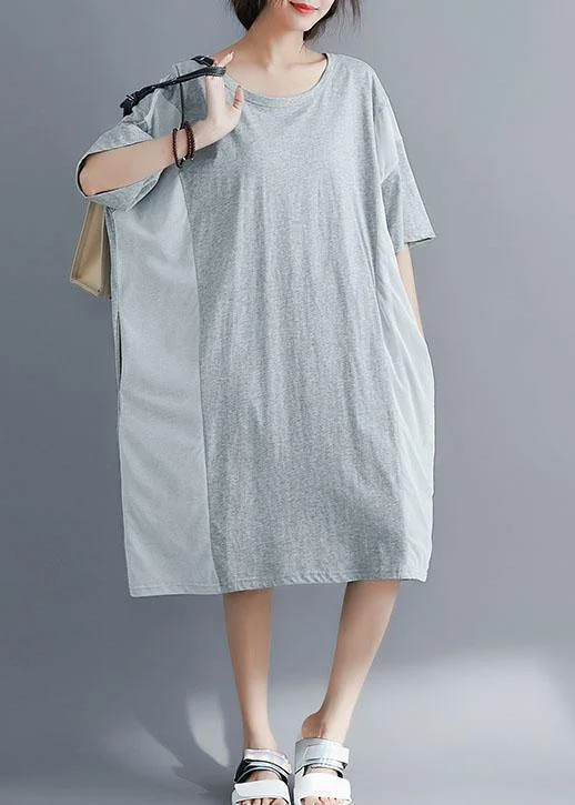 Women's Evening Outfit Elegant gray cotton Tunics o neck patchwork Maxi summer Dresses