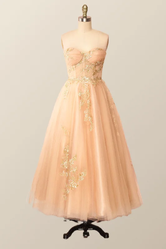 Women's Comfortable Lounge Attire Sweetheart Champagne Tulle Tea Length Dress with Gold Sequins