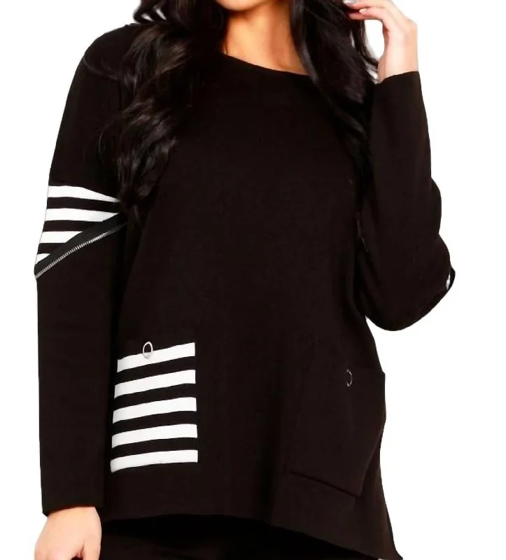 Women's Elegant Formal Outfit Striped Pocket Poncho In Black/white