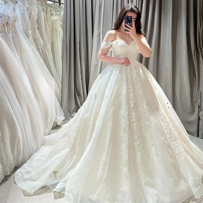 Women's Romantic Outfit Vintage Glitter Lace Wedding Dresses Sweetheart Appliques Off Shoulder A-Line Bridal Gowns Backless Princess Bride Dress