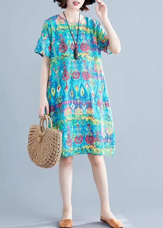 Women's Transitional Attire Chic o neck linen clothes Neckline green prints Dresses summer