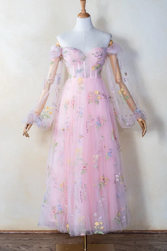 Women's Outerwear Garments Off the Shoulder Pink Floral Midi Dress