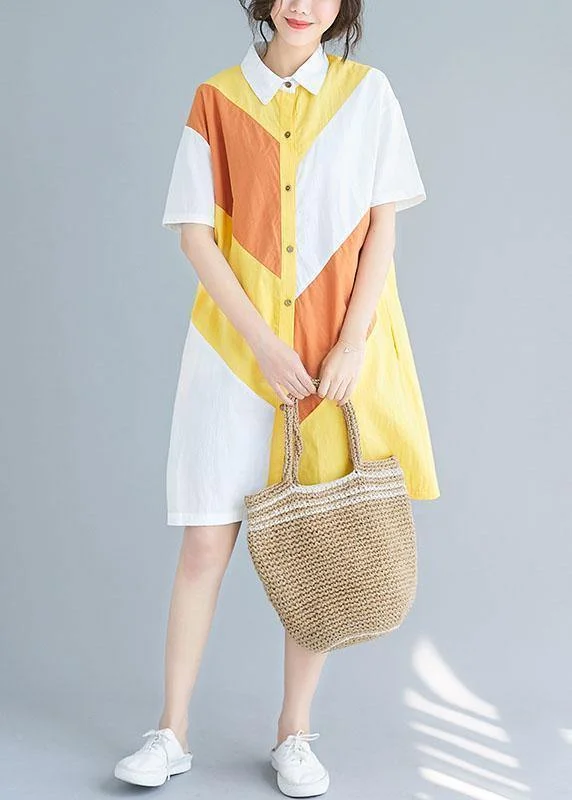 Women's Occasion Wear Apparel Style yellow Cotton Tunics lapel patchwork baggy summer Dresses