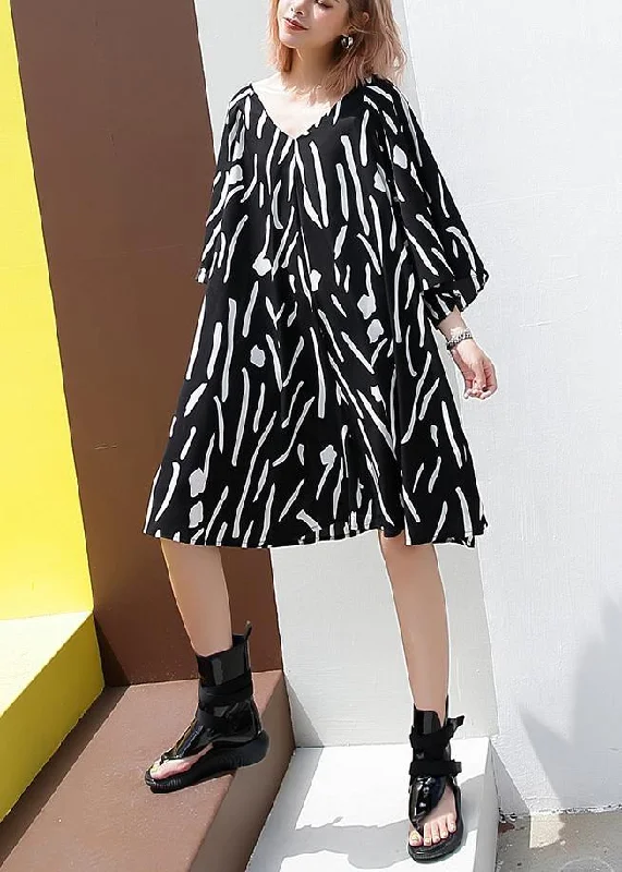 Women's Clothing For Travel French v neck Cotton Tunics pattern black striped Dresses summer