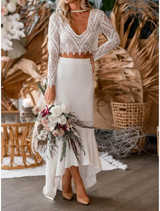 Women's Stylish Professional Apparel Beach Boho Wedding Dresses Two Piece V Neck Long Sleeve Asymmetrical Chiffon Bridal Gowns With Appliques Solid Color Summer Fall Wedding Party
