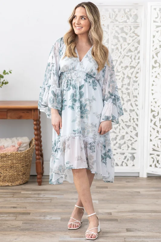 Women's Athletic Clothes Dusty Teal Floral Print Long Sleeve Midi Dress