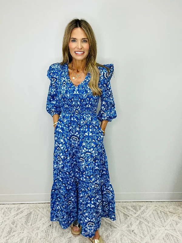 Women's Clothing For Holiday Travel LULU BLUE FLORAL MIDI DRESS