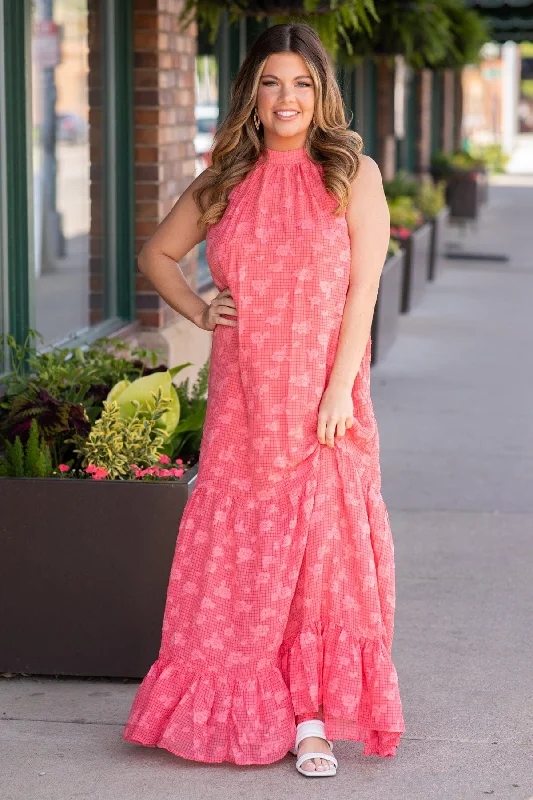 Formal Clothing For Women Coral Textured Halter Neck Maxi Dress