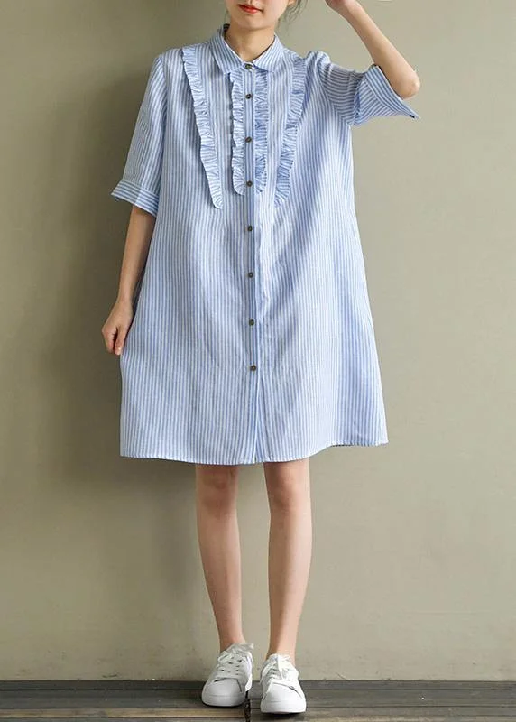 Women's Clothing For Work Art blue striped linen lapel half sleeve summer Dress