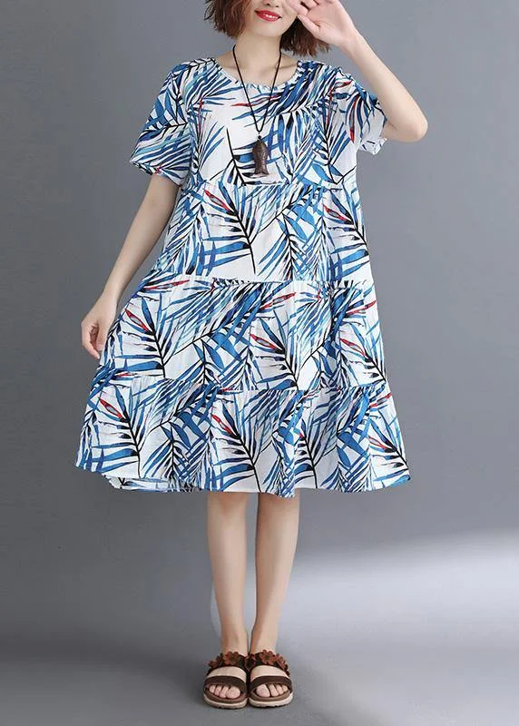Women's Comfortable Lounge Garments Bohemian blue print cotton clothes o neck Cinched tunic summer Dress Women's Comfortable Lounge Garments Bohemian blue print cotton clothes o neck Cinched tunic summer Dress