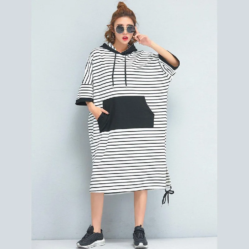 Women's Plus-Size Garments Brand Oversized Women Clothing Loose Casual Cotton Striped Dress