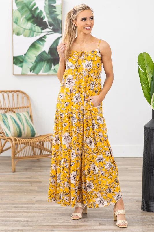 Fashion-Forward Women's Clothing Mustard Floral Print Maxi Dress