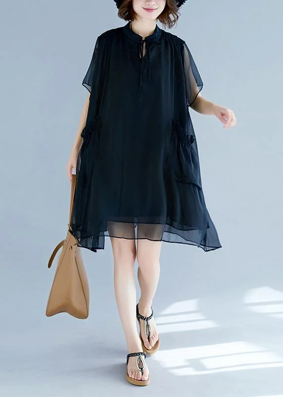 Women's Trendy Casual Outfit Chic black chiffon clothes For Women 18th Century Work stand collar pockets Robe Summer Dresses
