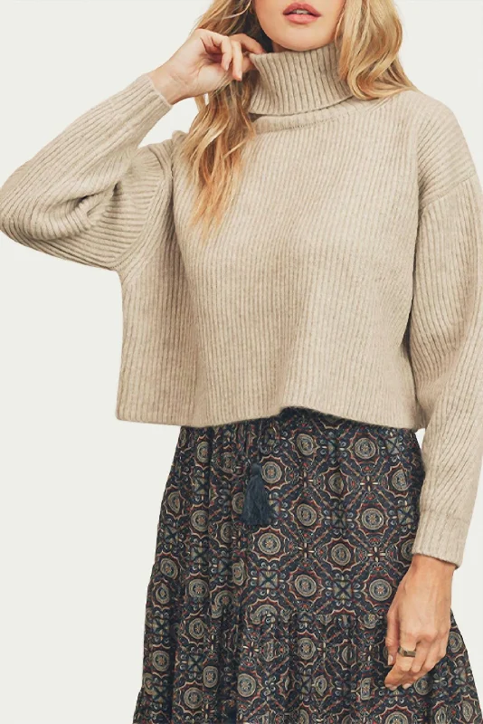 Casual Chic Women's Clothes Ribbed-Knit Cropped Turtleneck Sweater In Oatmeal