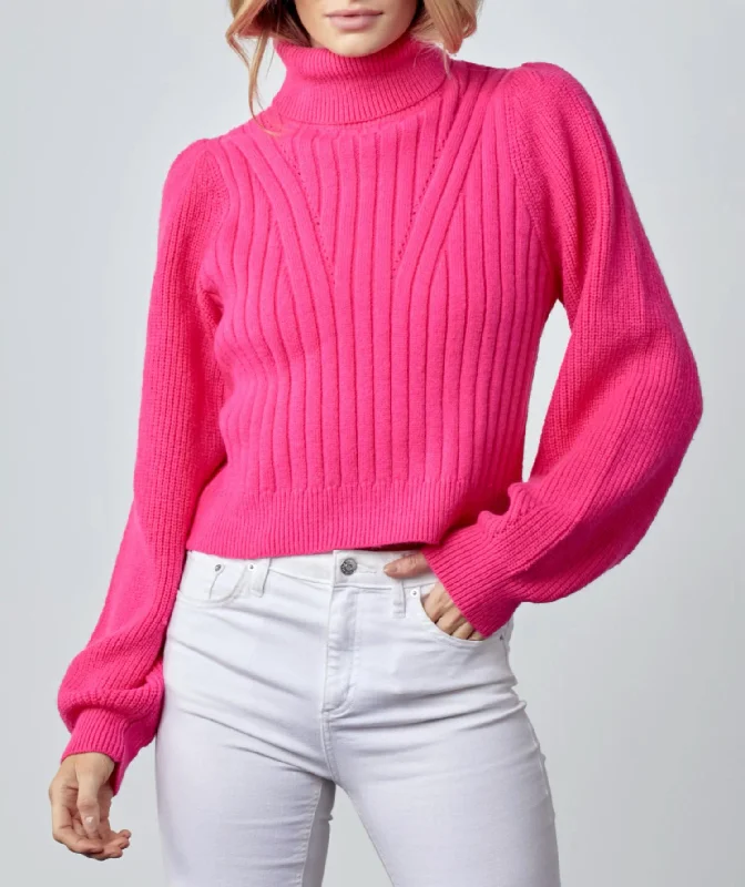 Women's Elegant Clothes Ribbed Turtleneck Sweater In Hot Pink