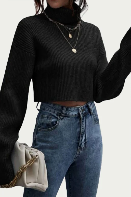 Women's Relaxed Clothes Ribbed-Knit Cropped Turtleneck Sweater In Black