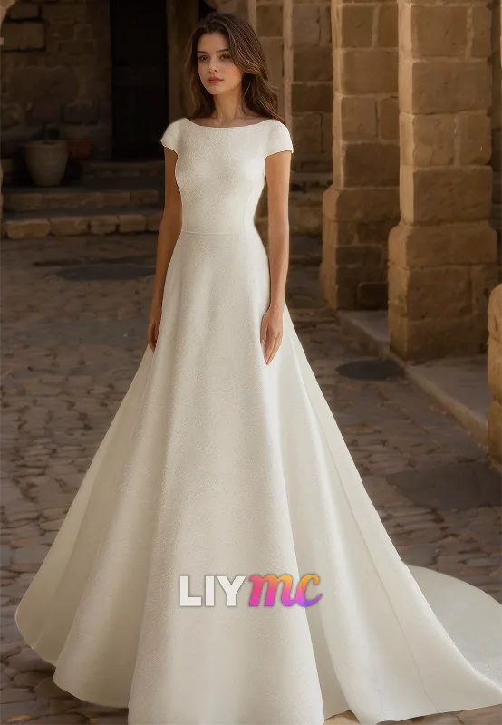Vintage-Inspired Women's Apparel Scoop Cap Sleeves Sleek Bowknot A-Line Satin Wedding Dress