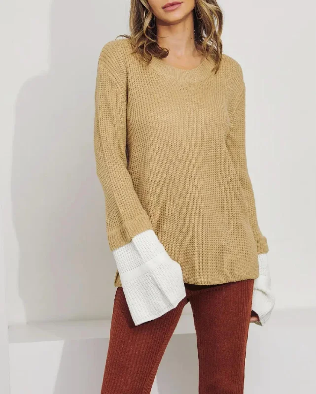 Women's Loungewear Clothes Layered Sleeve Knit Sweater In Beige