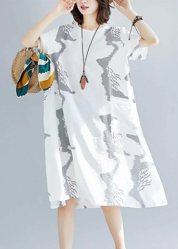 Women's High-Fashion Apparel Chic o neck cotton quilting clothes Outfits white prints A Line Dress summer