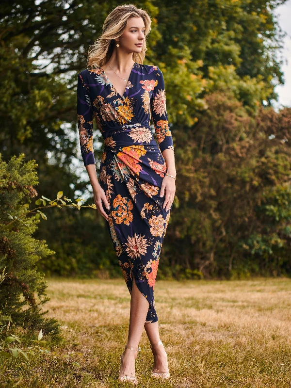 Women's Apparel Long Sleeve Wrap Front Bodycon Dress, Navy Orange Floral