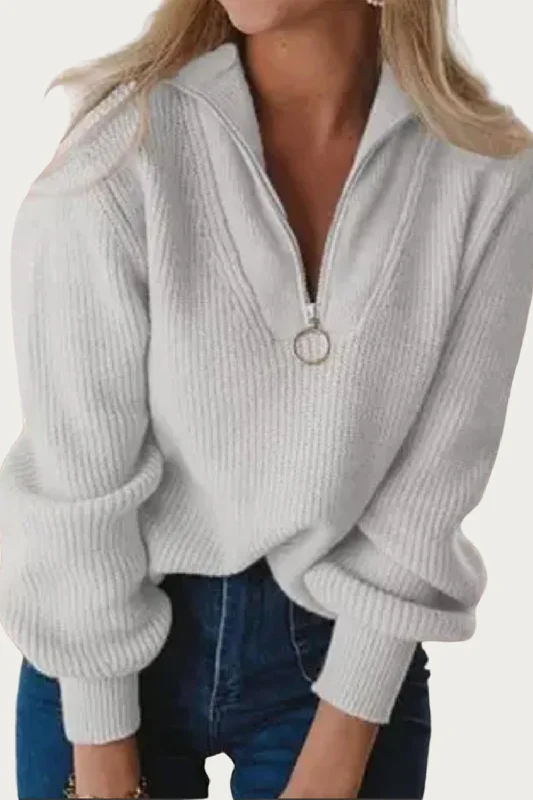 Women's Clothing For Outdoor Activities Ribbed-Knit Half-Zip Sweater In Grey