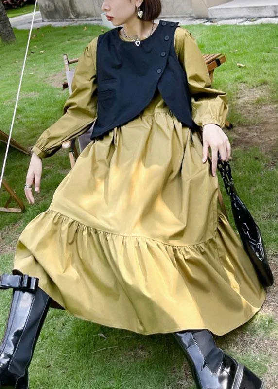 Women's Sporty Clothes Plus Size Khaki Patchwork Button Fall Maxi Dress Long sleeve
