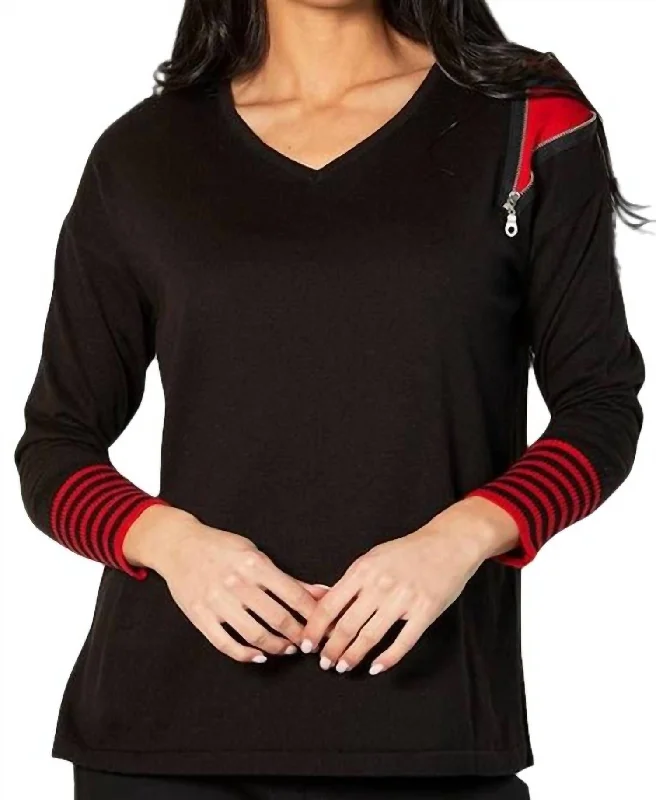 Women's Comfy Loungewear Outfit V-Neck Zipper Sweater In Black