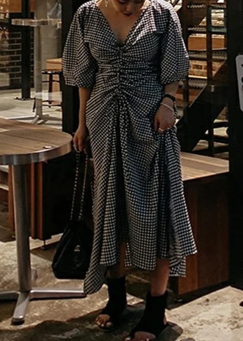 Women's Comfortable Lounge Outfit Classy v neck asymmetric cotton Long Shirts Runway plaid Dress