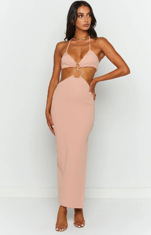 Women's Holiday Apparel Earthling Beige Maxi Halter Dress