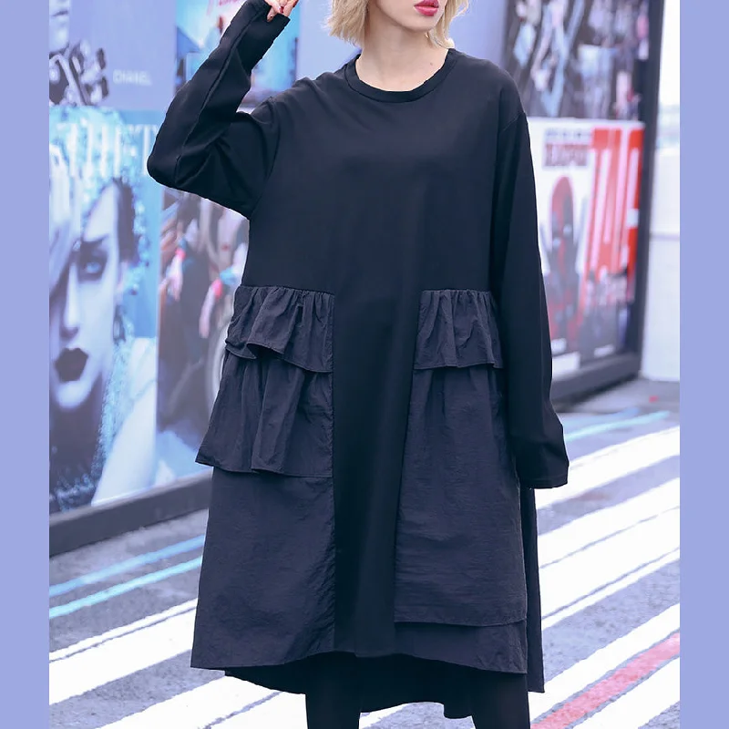 Women's Garments Fashion black Cotton Tunics plus size Outfits patchwork daily Dresses