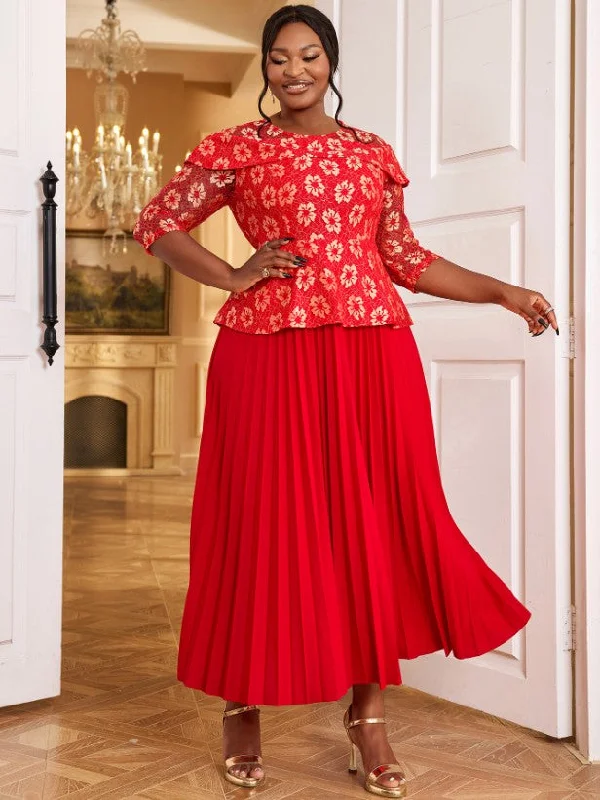 Women's Athleisure Apparel AOMEIDRESS Lace Floral Pleated Maxi Dress O Neck Patchwork High Waist