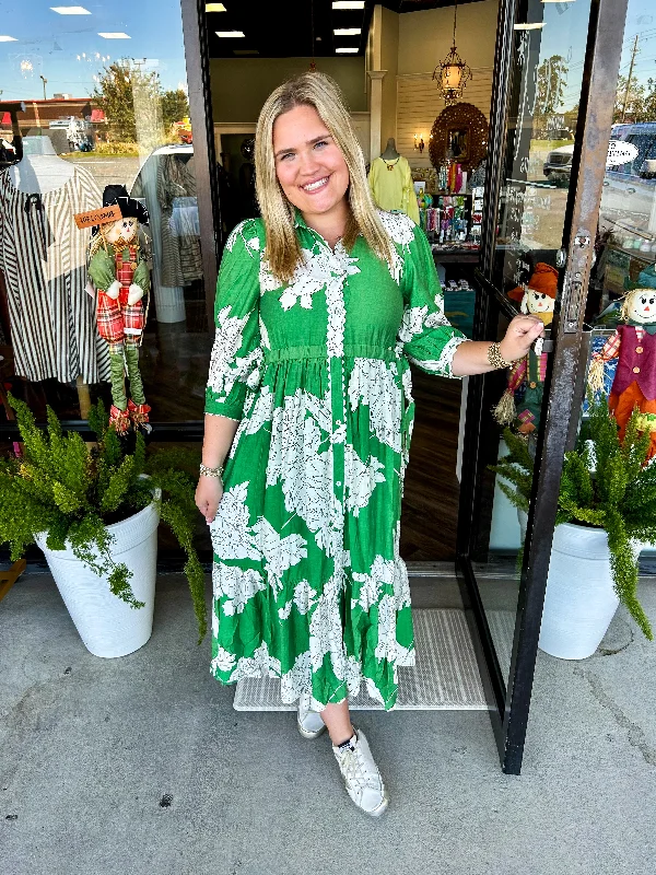 Women's Clothing For Everyday Wear Green Floral Midi Dress
