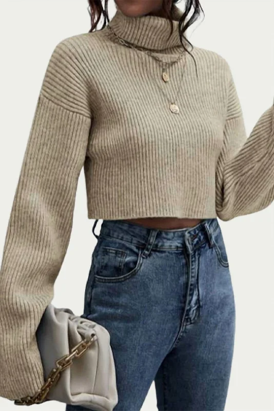 Stylish Outerwear Clothes For Women Ribbed-Knit Cropped Turtleneck Sweater In Khaki