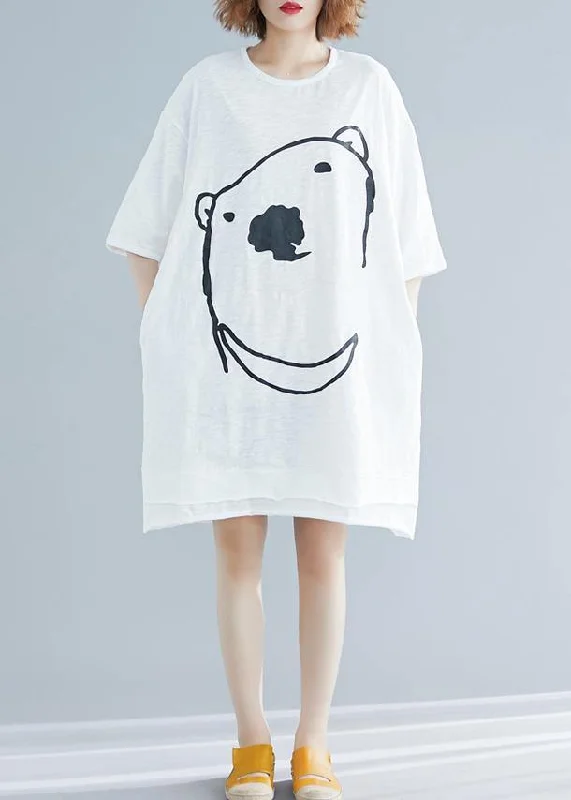 Charming Women's Garments Modern Cartoon Print Cotton Long Shirts Fabrics White Dress Summer Charming Women's Garments Modern Cartoon Print Cotton Long Shirts Fabrics White Dress Summer