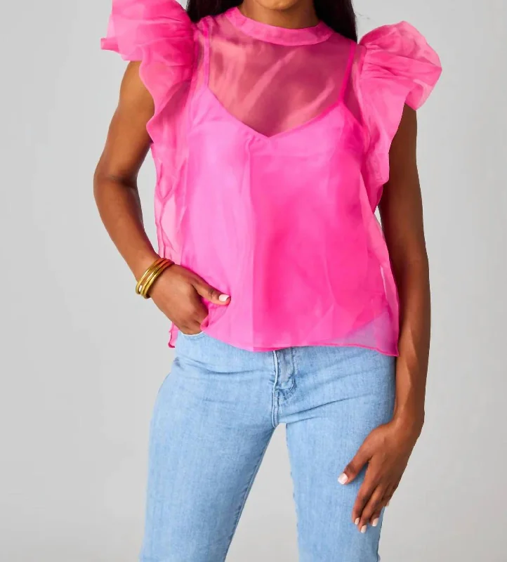 Avant-Garde Style Promotions Kaycee Organza Ruffle Sleeve Top In Hot Pink