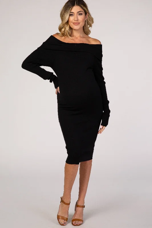 Women's Outerwear Apparel Black Off Shoulder Midi Maternity Dress