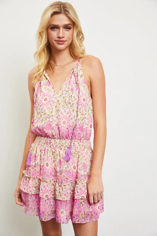Women's Outdoor Activity Garments Cream Flower Print Ruffled Romper Dress