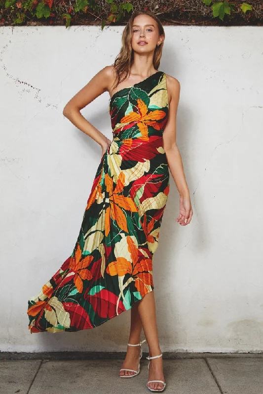 Women's Fashion-Forward Apparel Multi-Color Floral Pleated Satin One Shoulder Asymmetrical Midi Dress