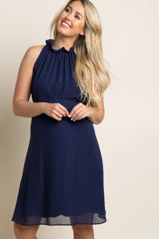Women's Elegant Clothes Navy Blue Chiffon High Neck Maternity Dress