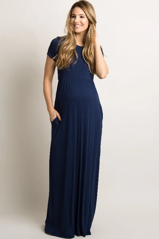 Stylish Women's Apparel Navy Blue Solid Side Pocket Maternity Maxi Dress