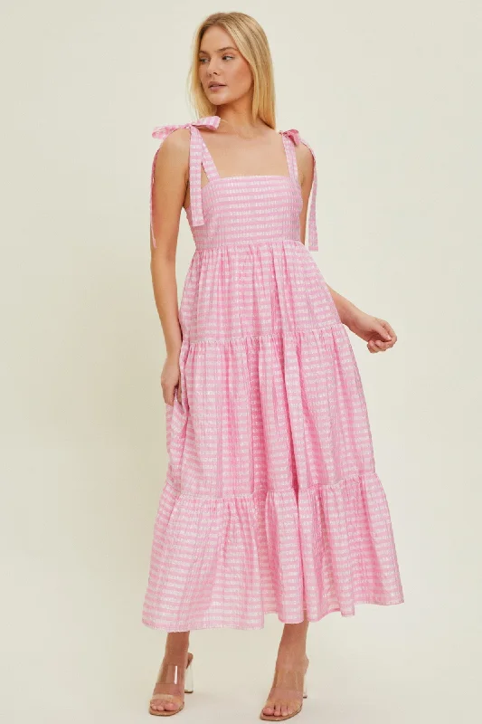 Women's Professional Outfit Pink Gingham Shoulder Tie Dress