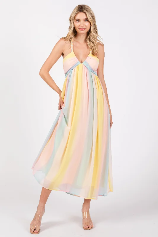 Formal Clothing For Women Pink Ombre Striped Braided Strap Midi Dress