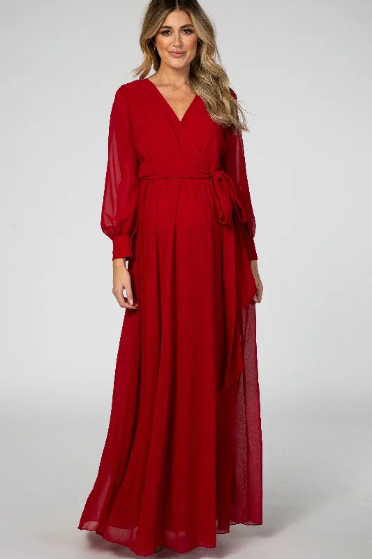 Women's Outerwear Garments Red Chiffon Long Sleeve Pleated Maternity Maxi Dress