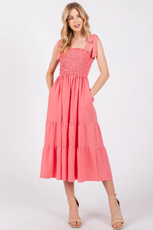 Women's Wedding Apparel Salmon Smocked Tie Strap Tiered Midi Dress