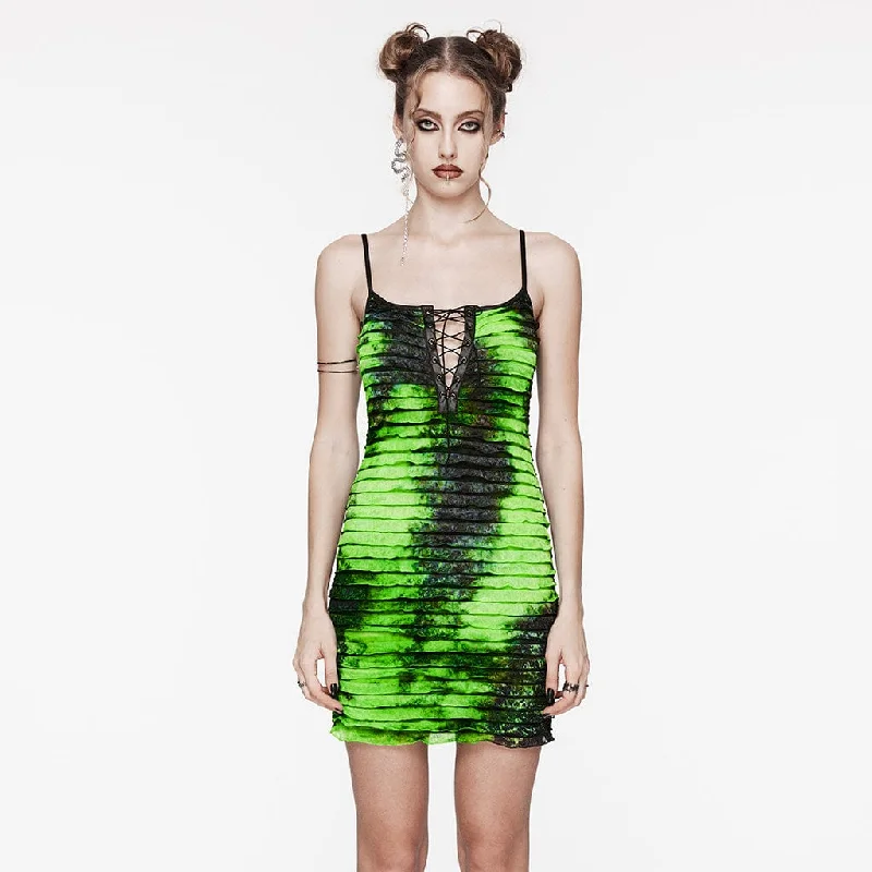 Women's Contemporary Apparel Women's Grunge Ruffled Tie-dyed Slip Dress Green